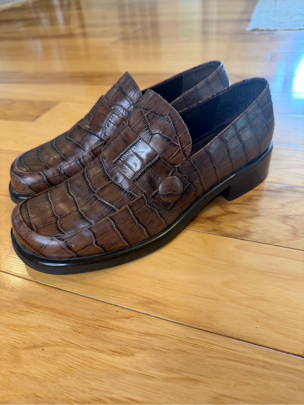 Vintage Franco Sarto Brown Croc Leather Loafers Square Toe 7M 90s Dark Academia